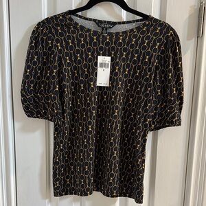 NWT Ralph Lauren Navy & Gold Equestrian Print Top w/ Short Puffed Sleeves
